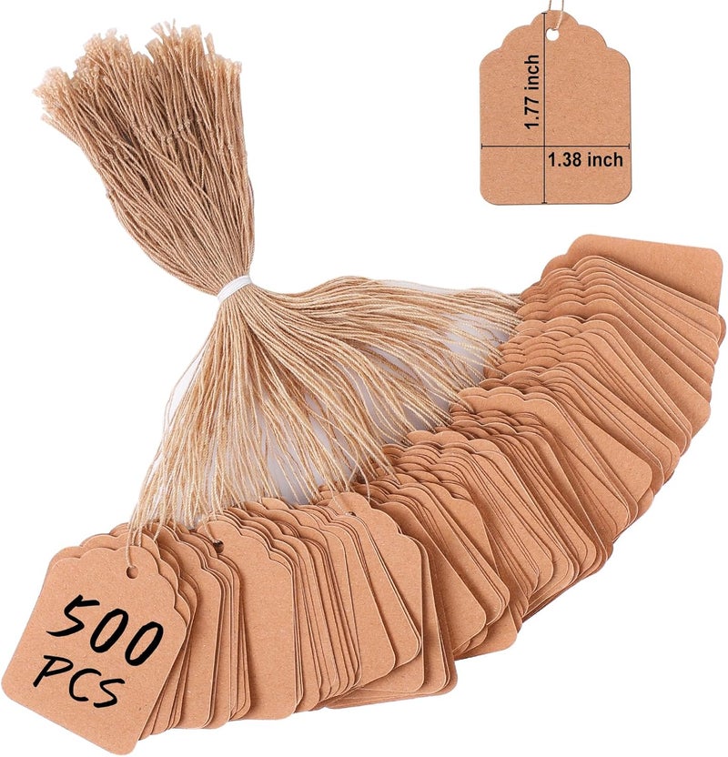 Actmuen 500 PCS Price Tags with String Attached - 1.37x1.77 inch Kraft Paper Hang Tags for Pricing,Brown Labels for Bags Clothes,Yard/Garage Sale Tag with String - Image 1